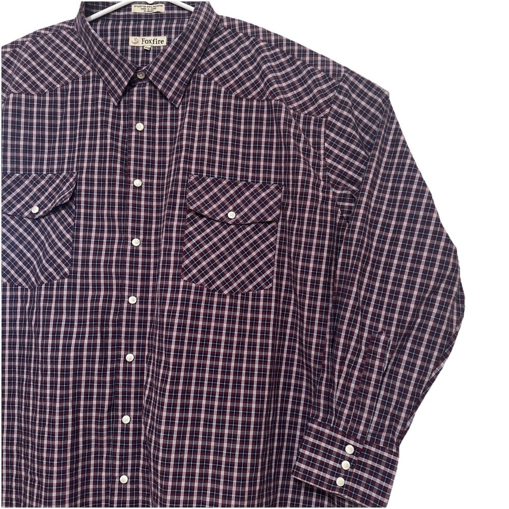 Foxfire Sz 3XB Men's Western Pearl Snap Blue White Maroon‎ Plaid Long Sleeve